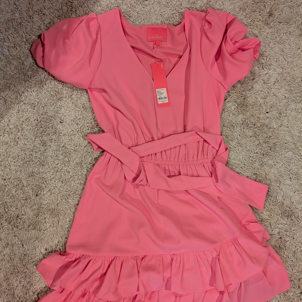 Lilly Pulitzer Martha Pink Stretch Ruffle Midi Short Sleeve Dress 
Size 8 
NWT